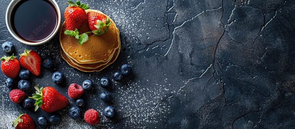 Poster breakfast featuring blueberry and strawberry pancakes on a stone table backdrop with a spacious area