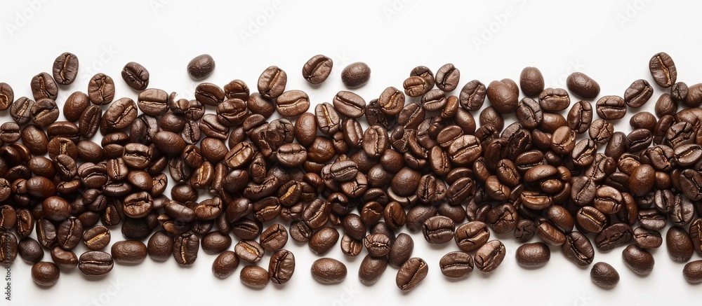 Poster a photograph of coffee beans with a plain white background, ideal for use as a copy space image.