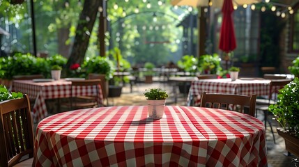 Red and white checkered tablecloth on a round table, perfect for classic dining settings. 