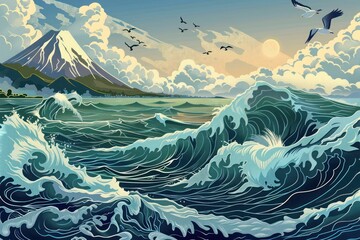 Ocean waves crashing, illustrated in a Japanese ukiyo-e style, blending traditional art with modern themes.