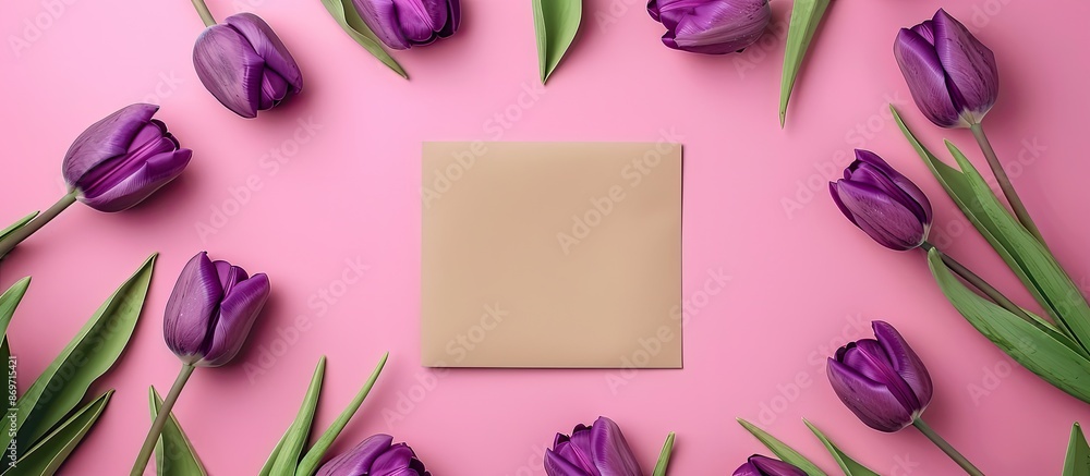 Poster top view of a mock-up scene with a blank greeting card surrounded by purple tulips on a pink backgro