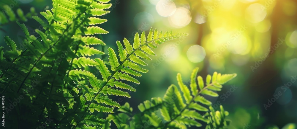 Poster lush green fern leaves in a forest setting with ample copy space image for design or text.