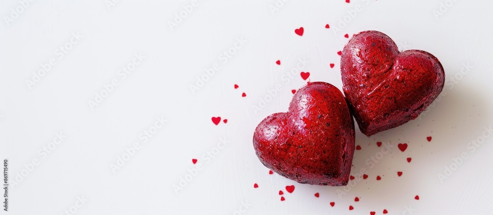Poster two red hearts displayed on a white background with copy space image.