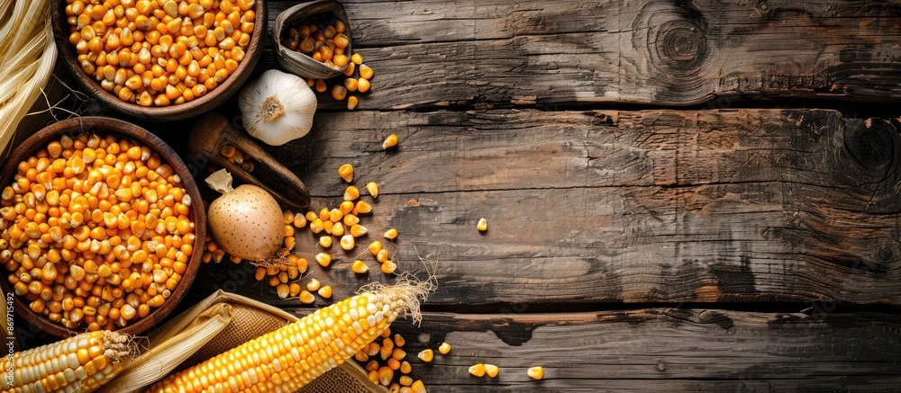 Aufkleber wooden table with maize products and fresh corn cobs, featuring a copy space image.
