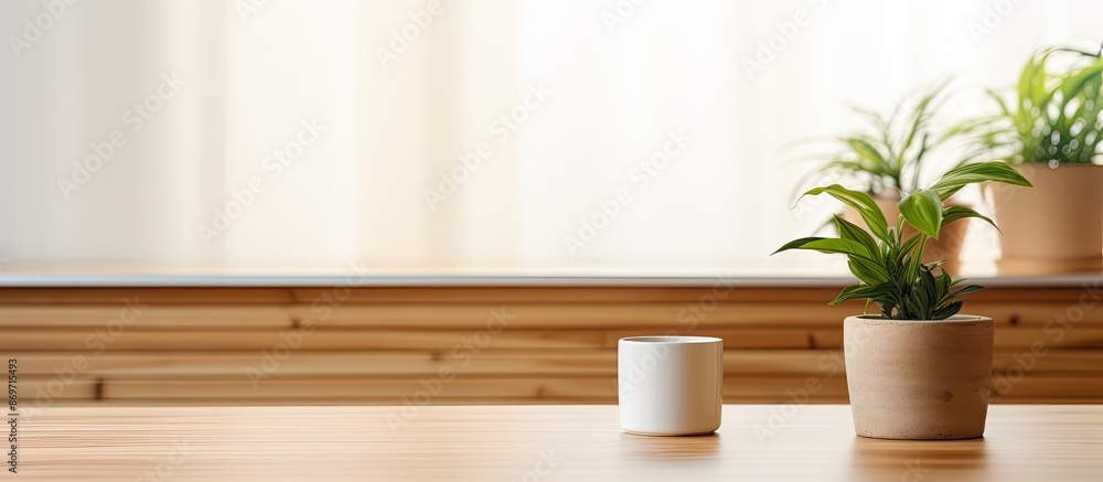 Leinwandbilder wooden office desk with a coffee mug and a houseplant seen from the front, creating a workspace with