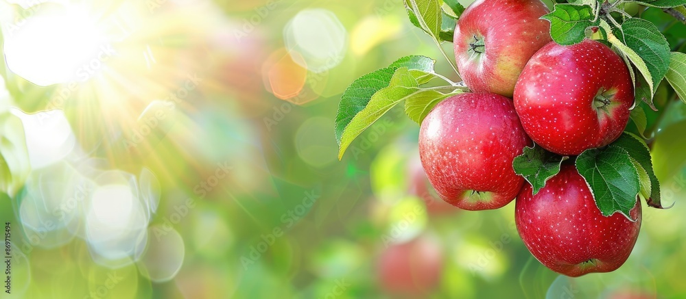 Poster Red apples hanging from a branch of an apple tree in the garden with copy space image.