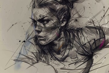 Fototapeta premium A dynamic black and white sketch of a determined female rugby player in mid-stride, with energetic scribbles and gold accents highlighting her movement