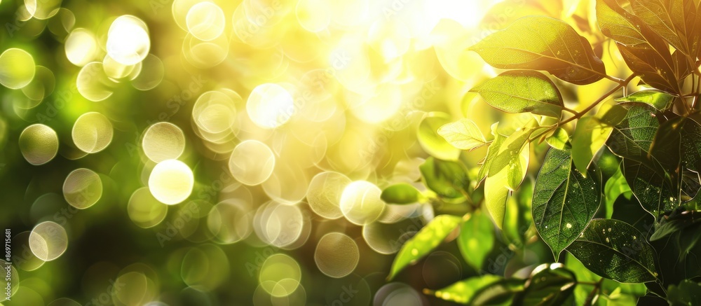 Poster bright summer sunlight illuminates an abstract blurred foliage bokeh background with copy space imag
