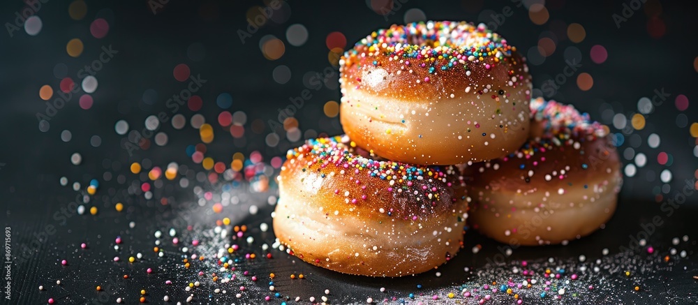 Poster elegant black background enhances german krapfen with drizzled glazed sprinkles, creating a visually