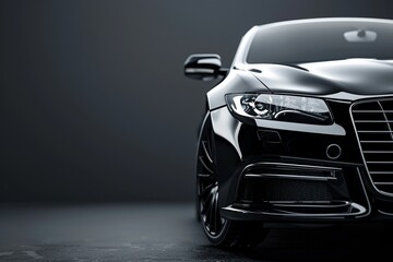 Obraz premium A mysterious car shrouded in shadows, only its headlights visible against a fading grey and black gradient. 