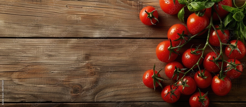 Poster tomato fruit displayed on a wooden plank with copy space image.