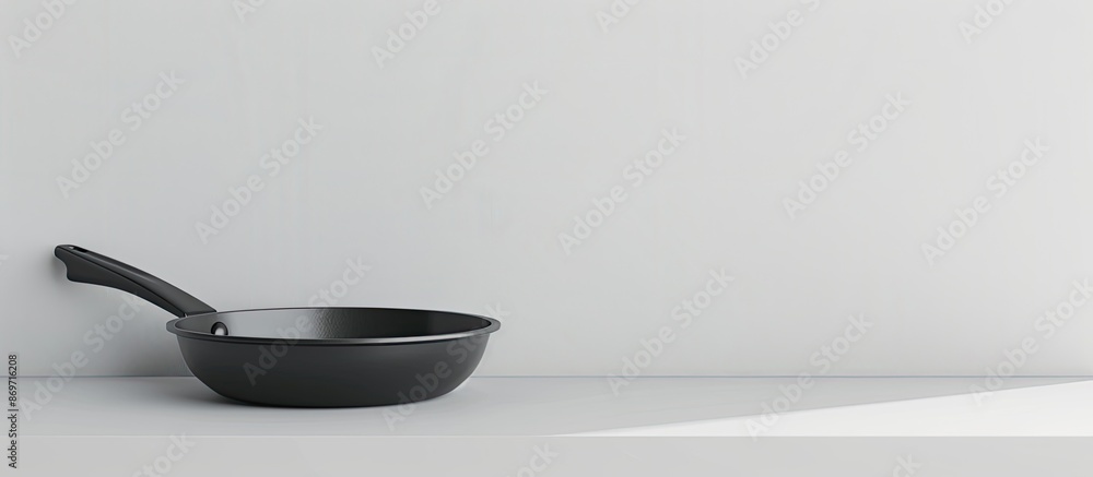 Poster A lone pan resting on a table against a white backdrop with a clear space for an image.