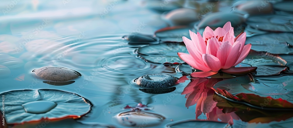 Aufkleber lotus flower and stones in water represent zen and meditation; the serene image with copy space evok