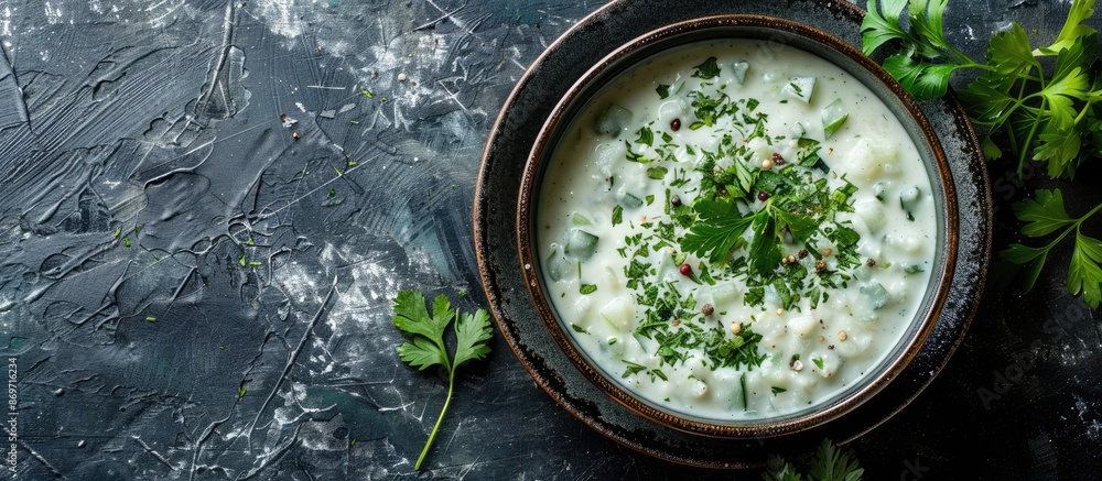 Poster top-down view of classic indian raita featuring cucumber, cumin, and coriander with ample copy space