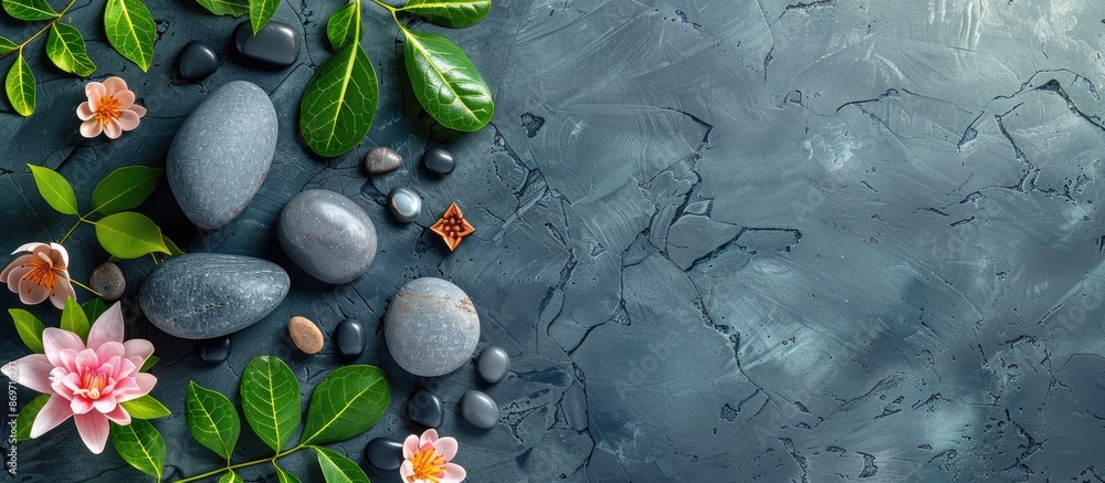Poster An image representing a spa salon with symbolic objects for stone therapy procedures. It depicts a balance of rocks and flowers in a close-up top-view shot with a background and space for text.
