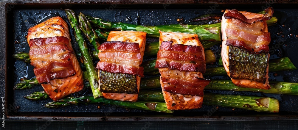 Poster Salmon baked in the oven served with bacon-wrapped asparagus on a black background in an overhead shot. Includes copy space image.