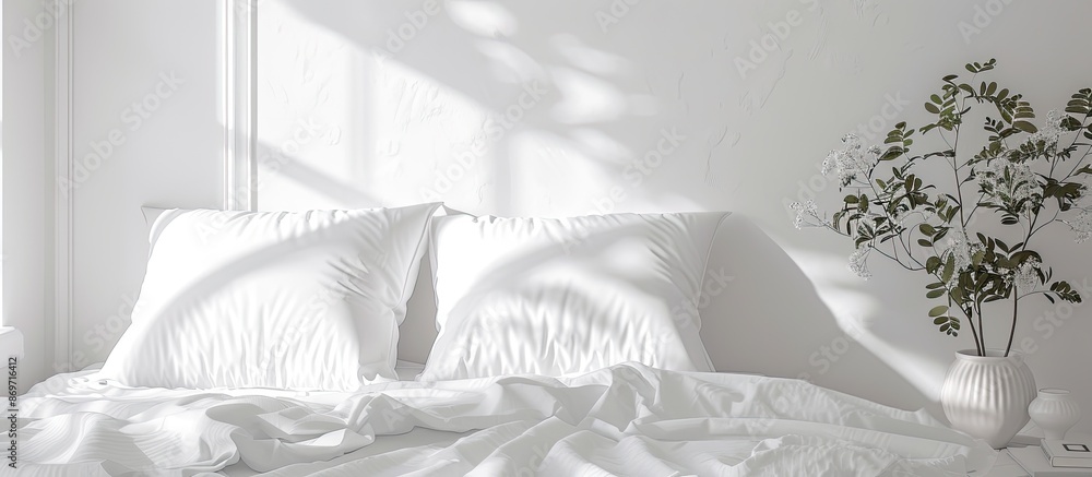 Sticker Modern interior design featuring a bedroom with white pillows and walls, creating a serene ambiance with a clean, minimalist look and a contemporary feel, suitable for a copy space image.