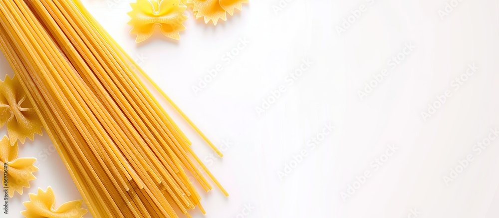 Poster spaghetti pasta on a white background with copy space image.