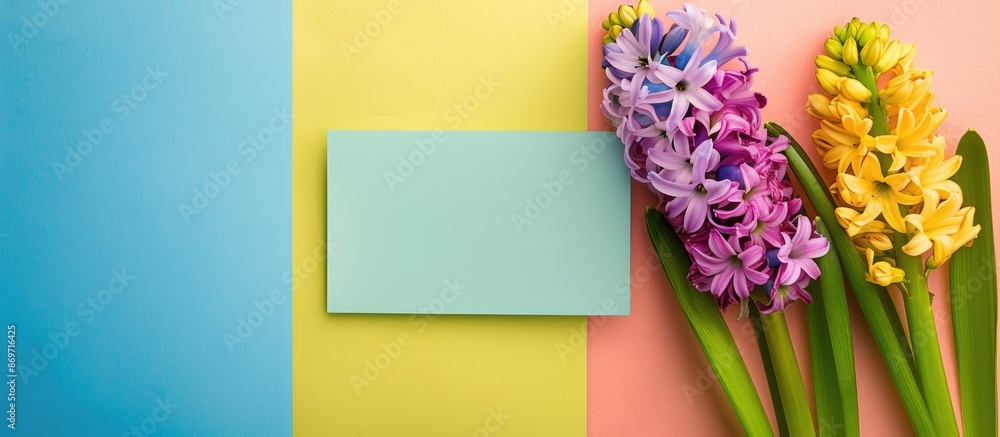 Poster Spring hyacinth flowers in a flat lay composition with a blank card on a colorful background, offering ample space for text input.