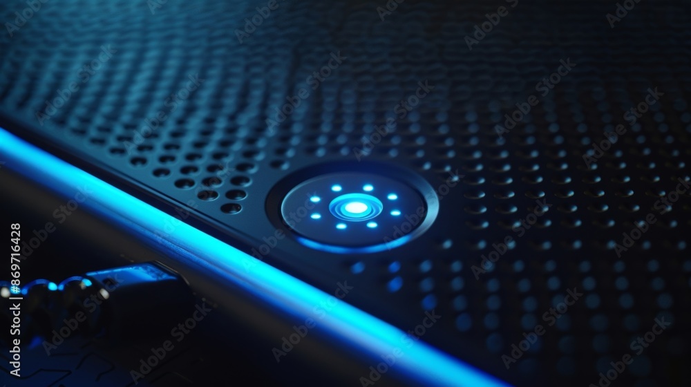 Poster a detailed shot of a power banks power indicator a small button that lights up when pressed to displ