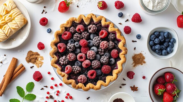A pie with berries and spices on a table