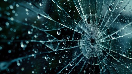 Shattered Window with Rain: A close-up of a shattered window with raindrops on the glass, creating a moody and dramatic atmosphere.
