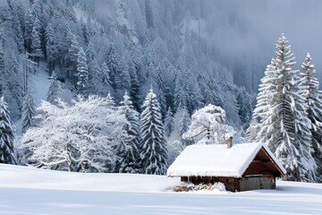 Fototapeta premium Serene winter scene with snow-covered trees and a small cabin, conveying peace and quiet.