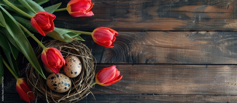 Poster easter-themed greeting card with tulip bouquet, nest of eggs, on rustic wooden backdrop. top view fl