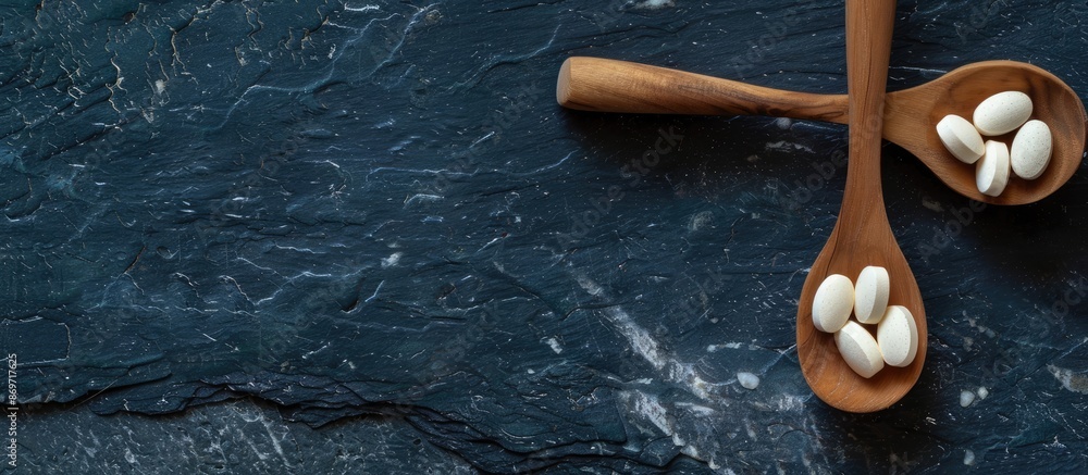Poster a wooden spoon holding pills on a dark background with copy space image.