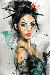 Detailed portrait of an Asian woman, capturing her elegance with loose, dynamic lines and a dark and aquamarine color scheme inspired by graffiti and ink wash paintings.