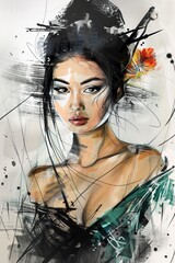 Detailed portrait of an Asian woman, capturing her elegance with loose, dynamic lines and a dark and aquamarine color scheme inspired by graffiti and ink wash paintings.