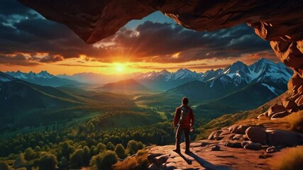 Adventurous Man Hiker standing in a cave with rocky mountains in background. Adventure Composite. 3d Rendering Peak. Aerial Image of landscape. Sunset Cloudy Sky