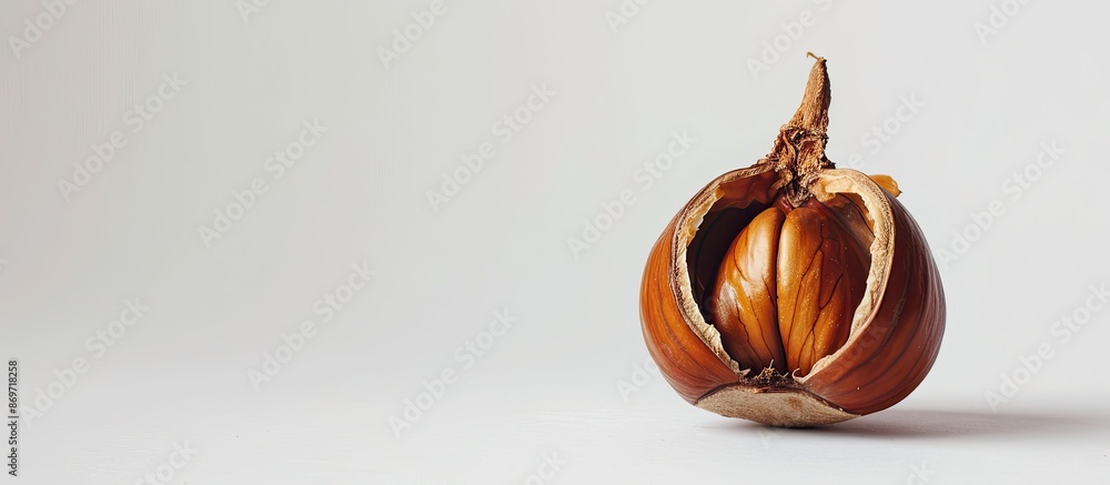 Poster A chestnut with an open shell in a close-up shot, set against a white background for a copy space image.