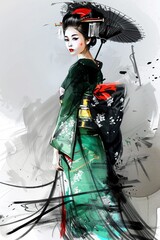 Detailed portrait of an Asian woman, capturing her elegance with loose, dynamic lines and a dark and aquamarine color scheme inspired by graffiti and ink wash paintings.
