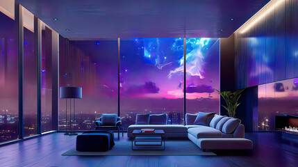A chic living room with a panoramic view of a vibrant nebula, modern design with soft blue lighting, hyper-realistic detail 
