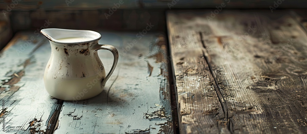 Poster a jug of fresh milk on a rustic wooden kitchen table with ample copy space image.
