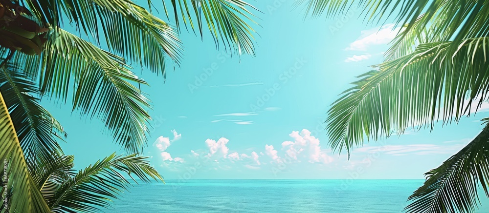 Poster seaside summer vacation with palm trees - copy space image.