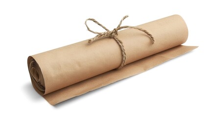 A rolled sheet of white paper tied with twine is positioned against a light gray background