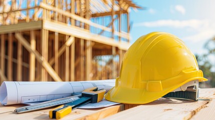 A yellow hard hat sits on top of rolled-up blueprints with a construction site in the background