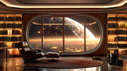 Fototapeta premium A cozy home library with a view of a distant planet through a large window, sleek shelves with ambient lighting, hyper-realistic detail 