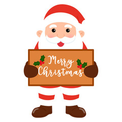 happy santa claus holding a brown banner with merry christmas wording