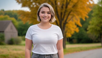 Plus size teenage girl with short hair wearing white t-shirt and grey jeans standing in nature