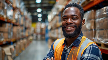 Naklejka premium Portrait of warehouse worker in a safety vest in a large warehouse, smiling a the camera. 