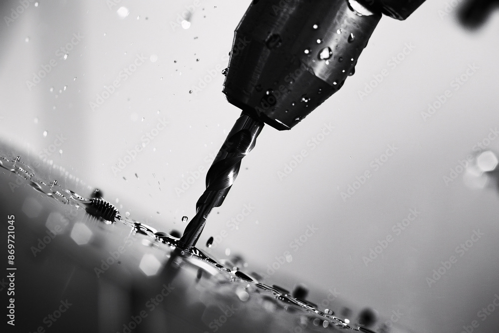 Poster black and white close-up of a drill in action with water droplets creating a dynamic and powerful vi