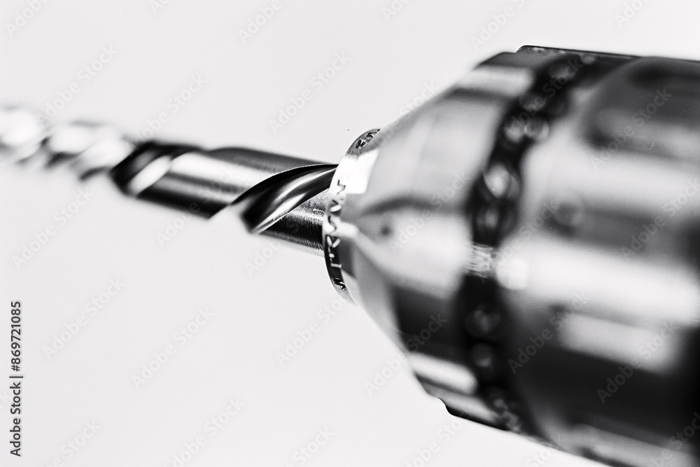 Poster close-up of a drill bit with a blurred background focusing on the tool's sharpness and precision sym