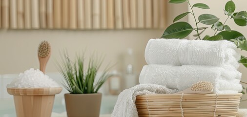 A close-up of a wooden bowl filled with white bath salts on a countertop, next to a monstera leaf and soap dispenser
