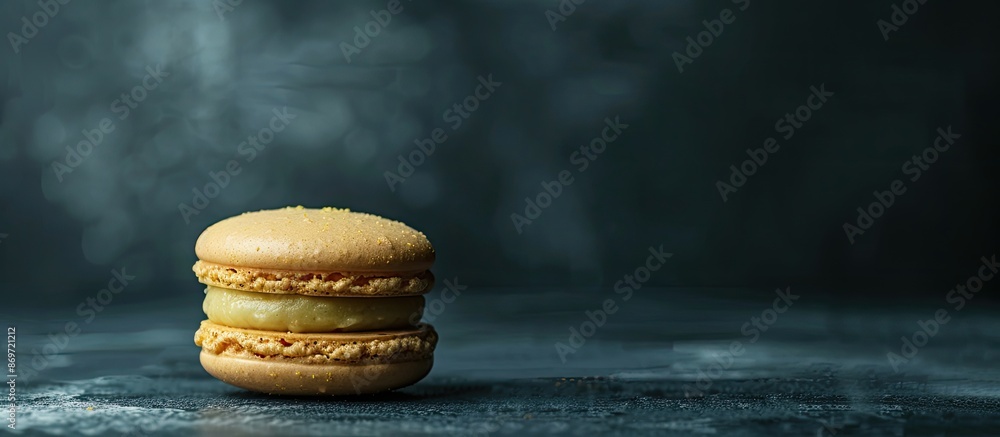 Poster studio shot of a macaron against a dark backdrop with copy space image.