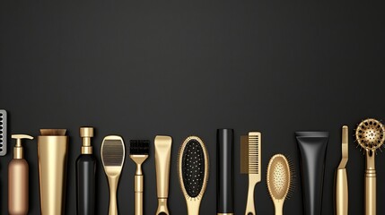 A collection of gold hair care products and tools arranged in a row against a black background