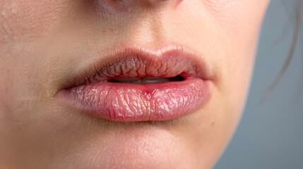 Woman lips with cold sore on lips, Both oral herpes and angular cheilitis on lips, redness, rawness, and inflammation.
