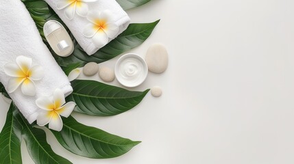 A flat lay of white plumeria flowers, grey stones, and green leaves on a white surface